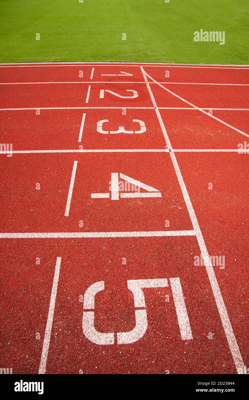 Athletic running track in a stadium with start point positions numbers
