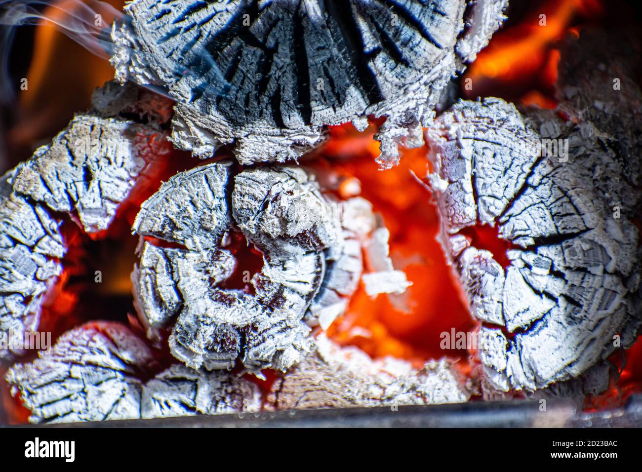 Close-up of fire in the old wooden stove. Wood logs in fire Stock Photo