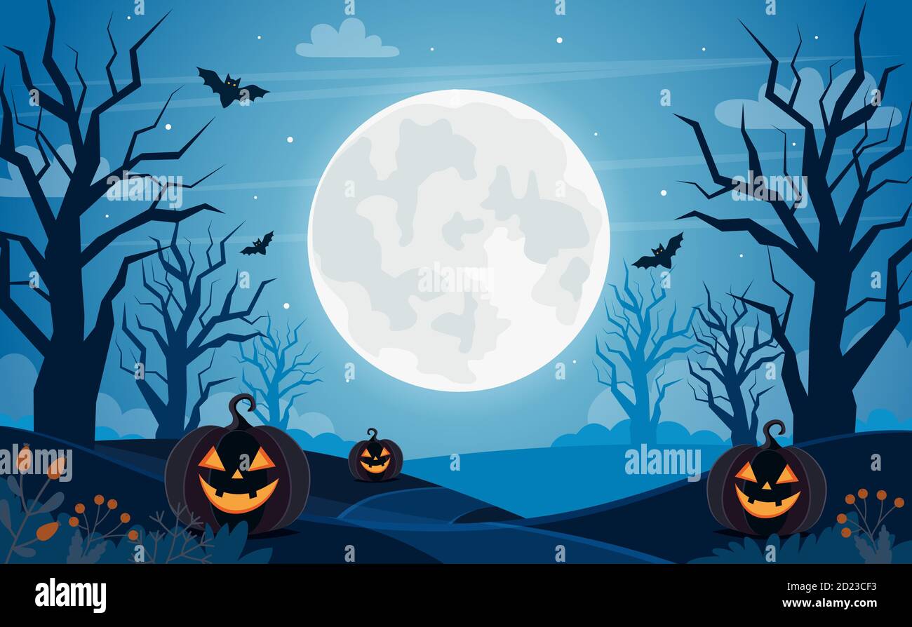 Halloween background with full moon, pumpkins and trees Stock Photo Alamy