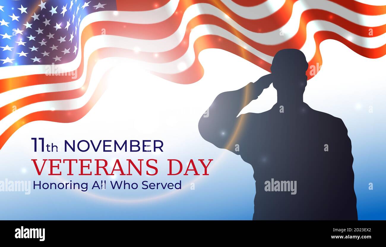 Happy veterans day banner, waving american flag, silhouette of a