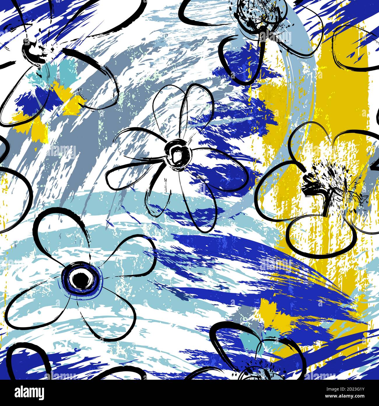 floral seamless background pattern, with paint strokes and splashes, hand drawn Stock Vector