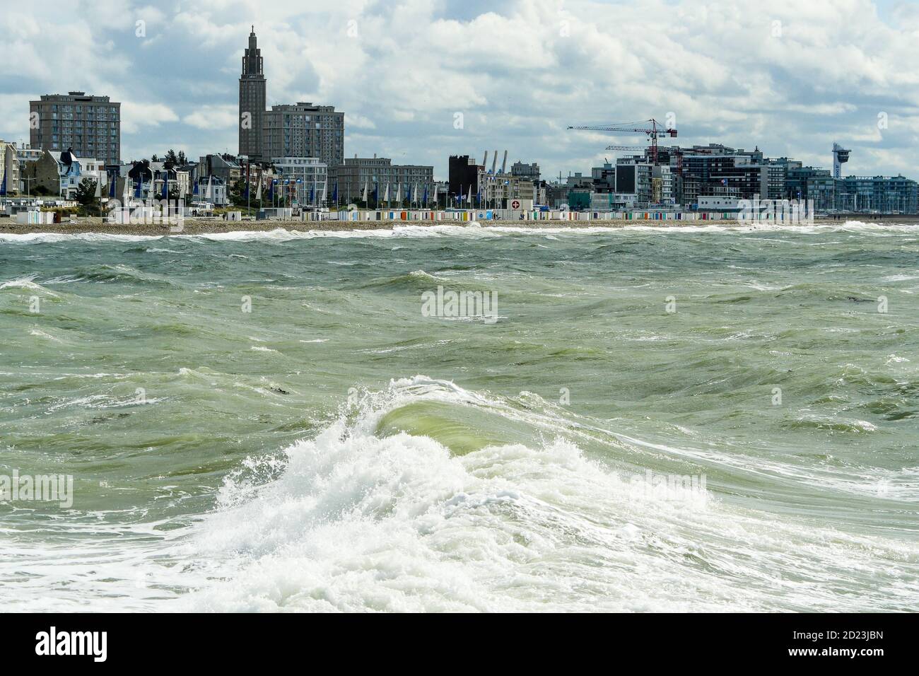 Le Havre beach and seaside promenade seen on a stormy day, Le Havre, Seine-Maritime, Normandy Region, France Stock Photo