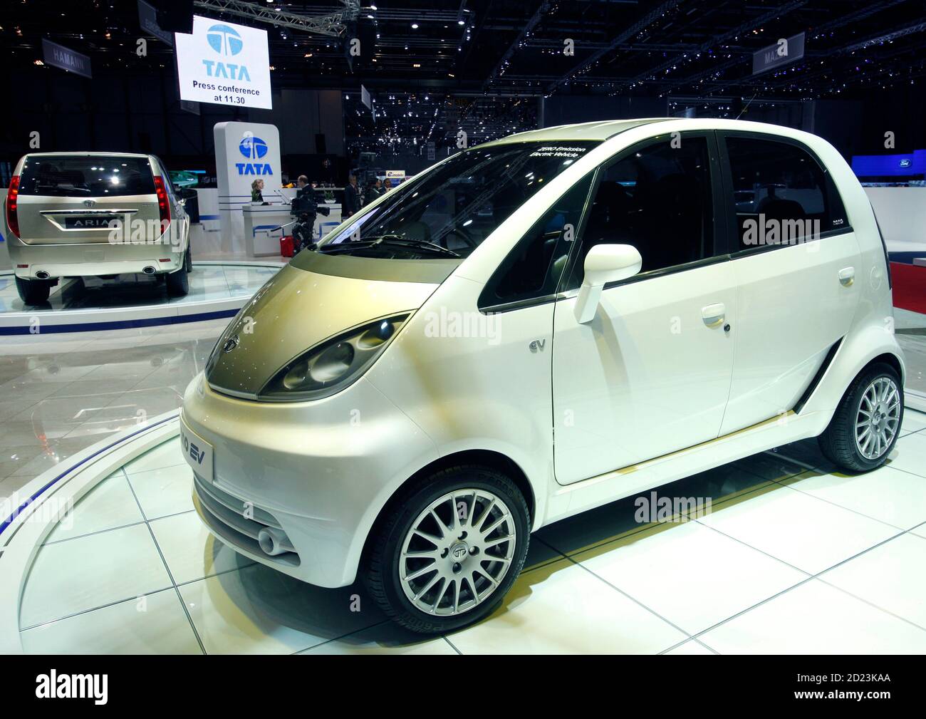 The Tata Nano EV car is displayed on the exhibition stand of Tata during  the first media day of the 80th Geneva Car Show at the Palexpo in Geneva  March 2, 2010.