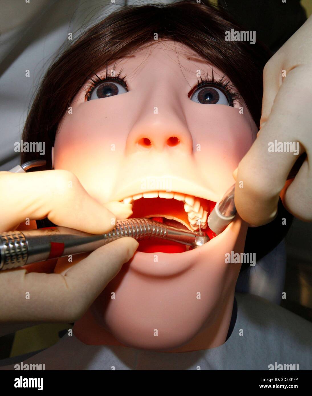 A dentist demonstrates on dental patient robot at its unveiling ceremony at Showa University in Tokyo 25, The humanoid female robot was developed to give practical experience for dental