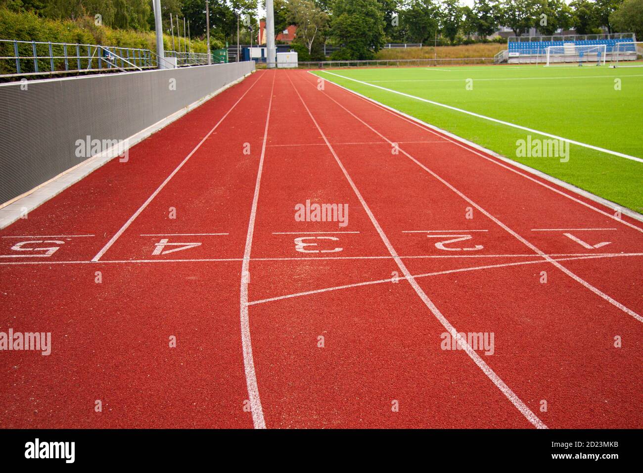 Athletic running track in a stadium with start point positions numbers