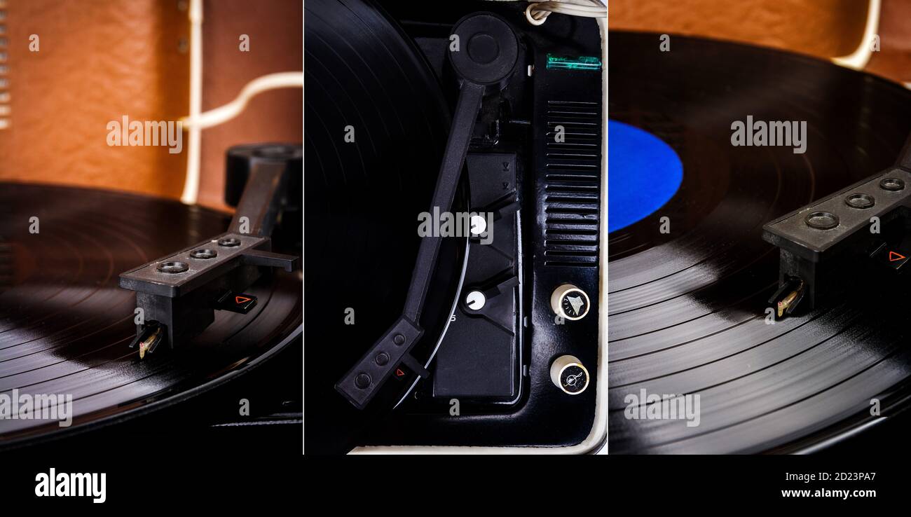 Collection Of Images With Vintage Turntable Close Ups Vintage Vinyl Record Player Needle On A Black Vinyl Record Stock Photo Alamy