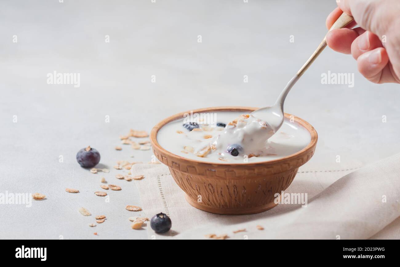 Homemade yogurt with granola and berries in a ceramic bowl on a light background. Concept healthy breakfast. Stock Photo