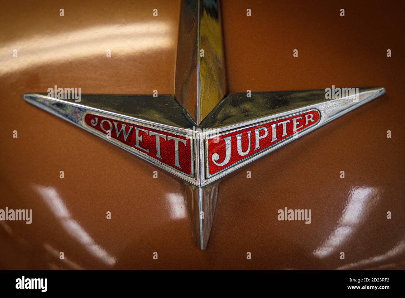 Hood badge on the 1952 Jowett Jupiter at Southward Motor Museum, Otaihanga, North Island, New Zealand. Stock Photo