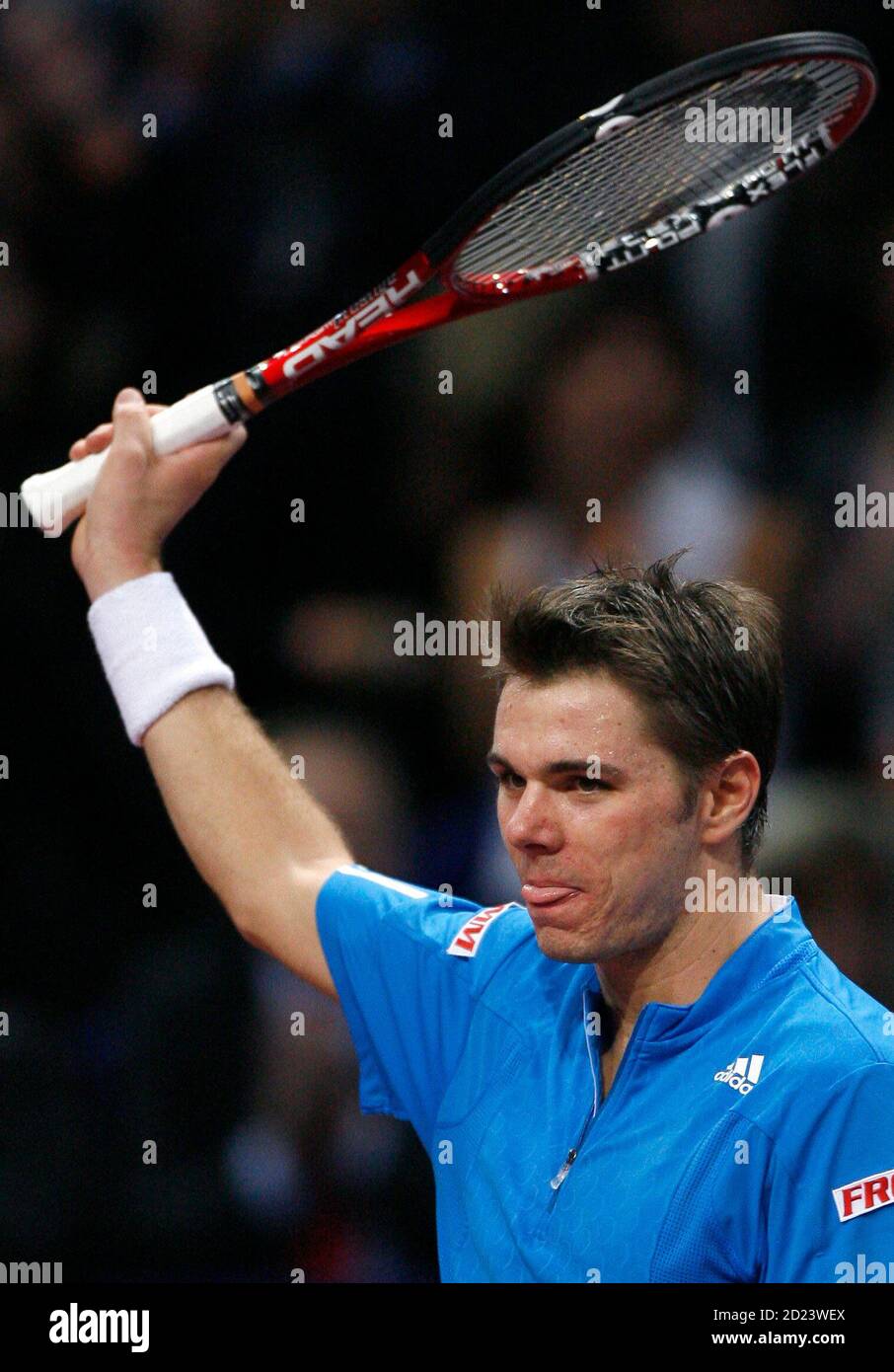 Switzerland's Stanislas Wawrinka celebrates his victory over Argentina's  David Nalbandian in their first round match at the Swiss Indoors ATP tennis  tournament in Basel October 24, 2007. REUTERS/Vincent Kessler (SWITZERLAND  Stock Photo -