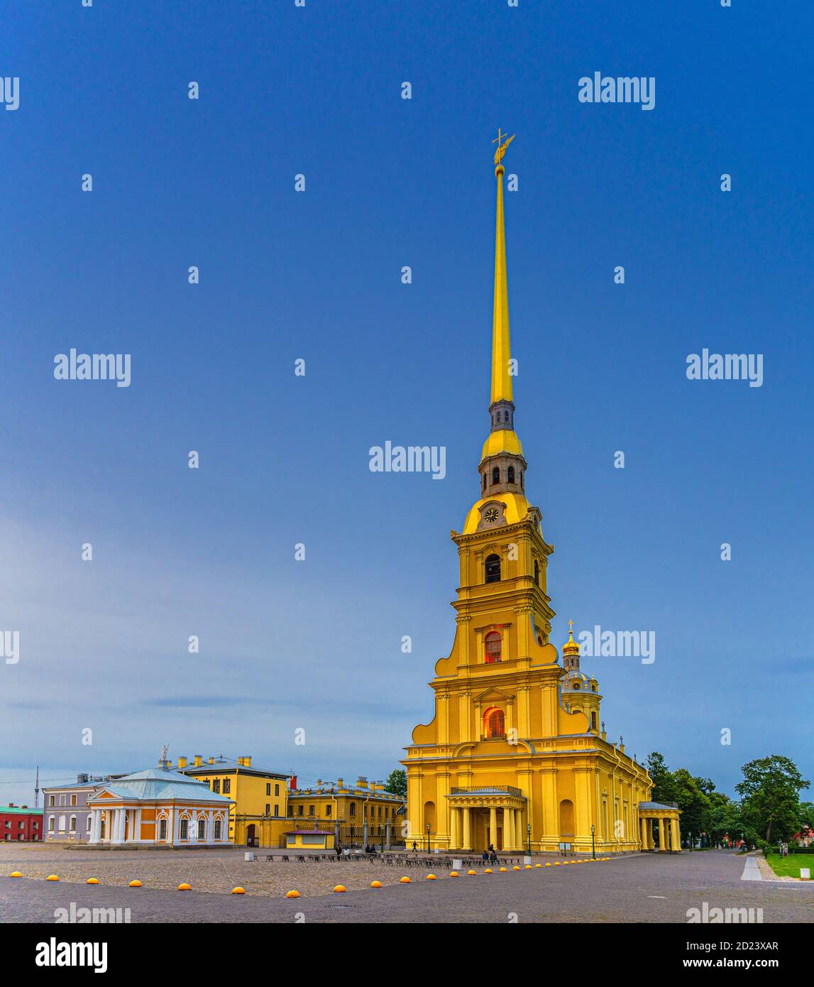 Saints Peter and Paul Cathedral Orthodox church with golden spire in Peter and Paul Fortress citadel on Zayachy Hare Island, evening dusk twilight view, Saint Petersburg Leningrad city, Russia Stock Photo