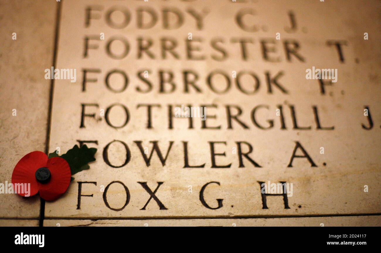 A poppy is pictured amongst the names of Commonwealth soldiers who died in the First World War following a Last Post ceremony at the Menin Gate Memorial in Ypres, Belgium November 11, 2008.       REUTERS/Chris Wattie       (BELGIUM) Stock Photo