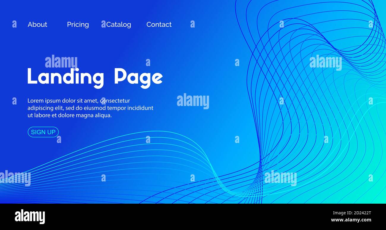 Blue landing page vector template. Abstract dynamic wavy line minimal trendy background Stock Vector