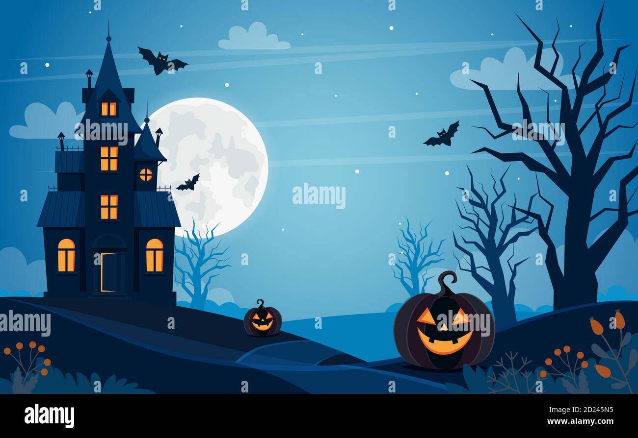 Halloween background with haunted house, full moon, pumpkins and trees ...