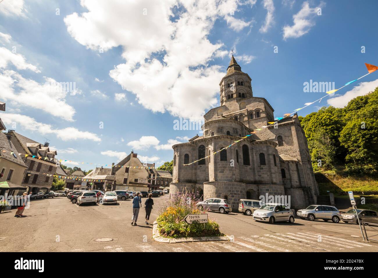 Orcival, France. The Basilique Notre-Dame (Our Lady Basilica), a Roman catholic Romanesque church in Auvergne Stock Photo