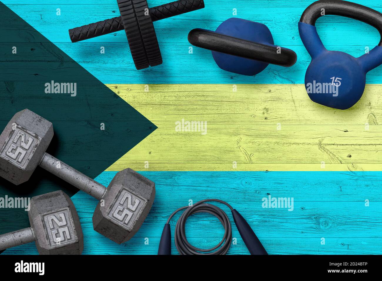 Bahamas sports club concept. Top view of heavy weight plates with iron