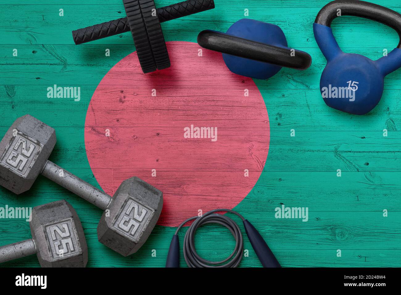 Bangladesh sports club concept. Top view of heavy weight plates with