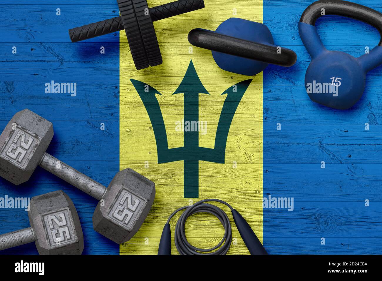 Barbados sports club concept. Top view of heavy weight plates with iron