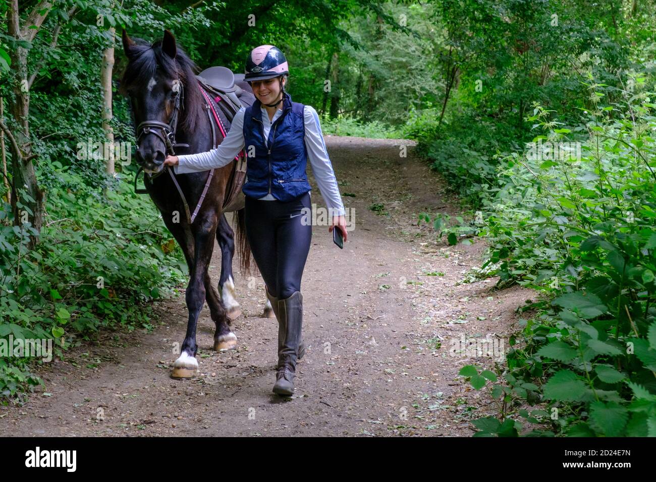Smiling young lady in riding gear leads a brown horse on a wooded bridleway. Pinner Wood, Harrow, NW London. Stock Photo