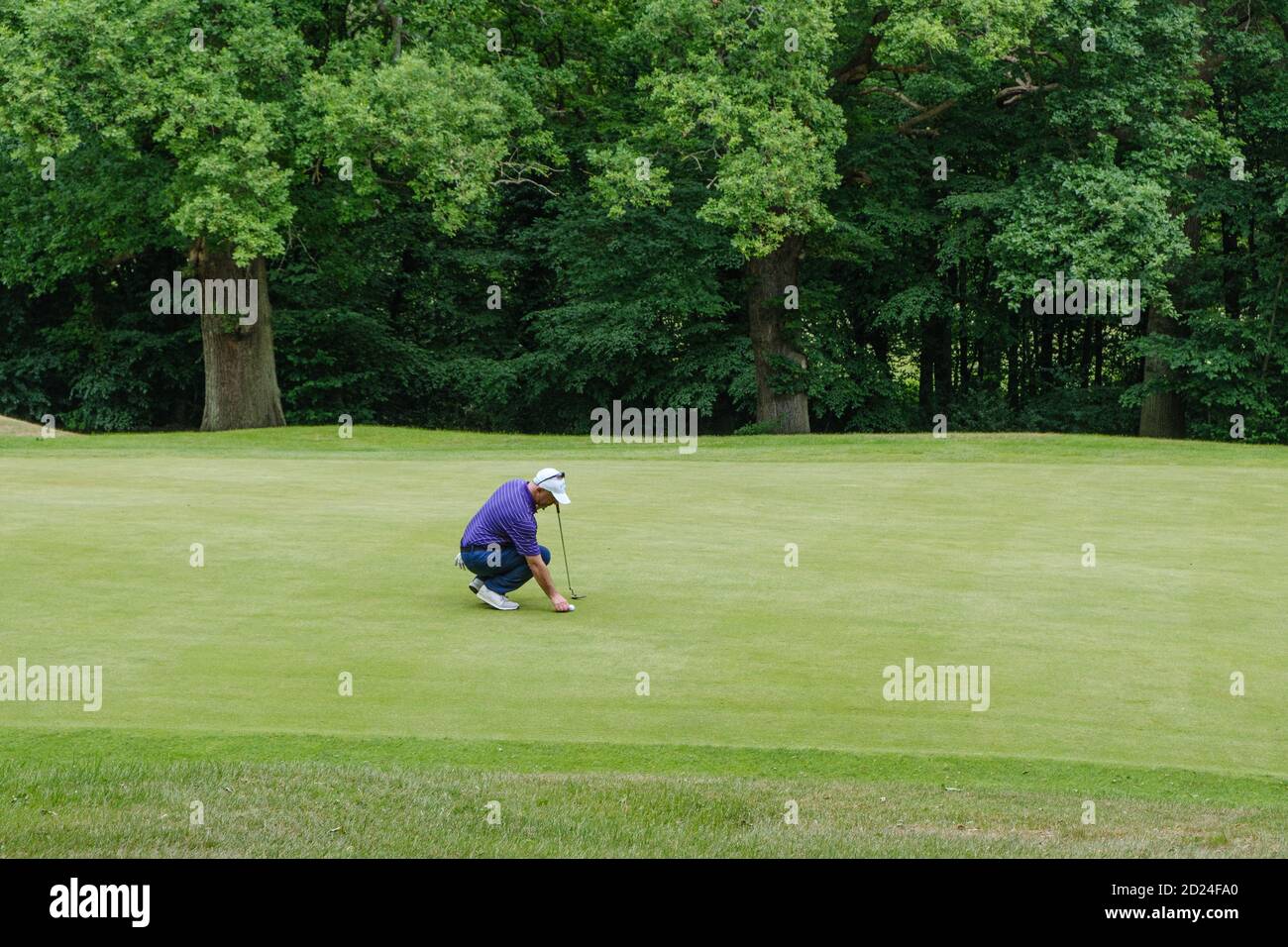 A male golfer squats down to set up his ball for the shot on the green
