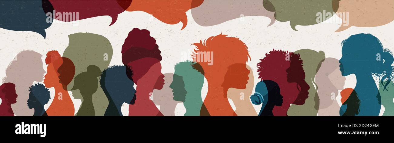 Crowd. Silhouette heads face international people in profile talking and communicating. Speech bubble. Communication. Community. Communicate. Speak Stock Vector