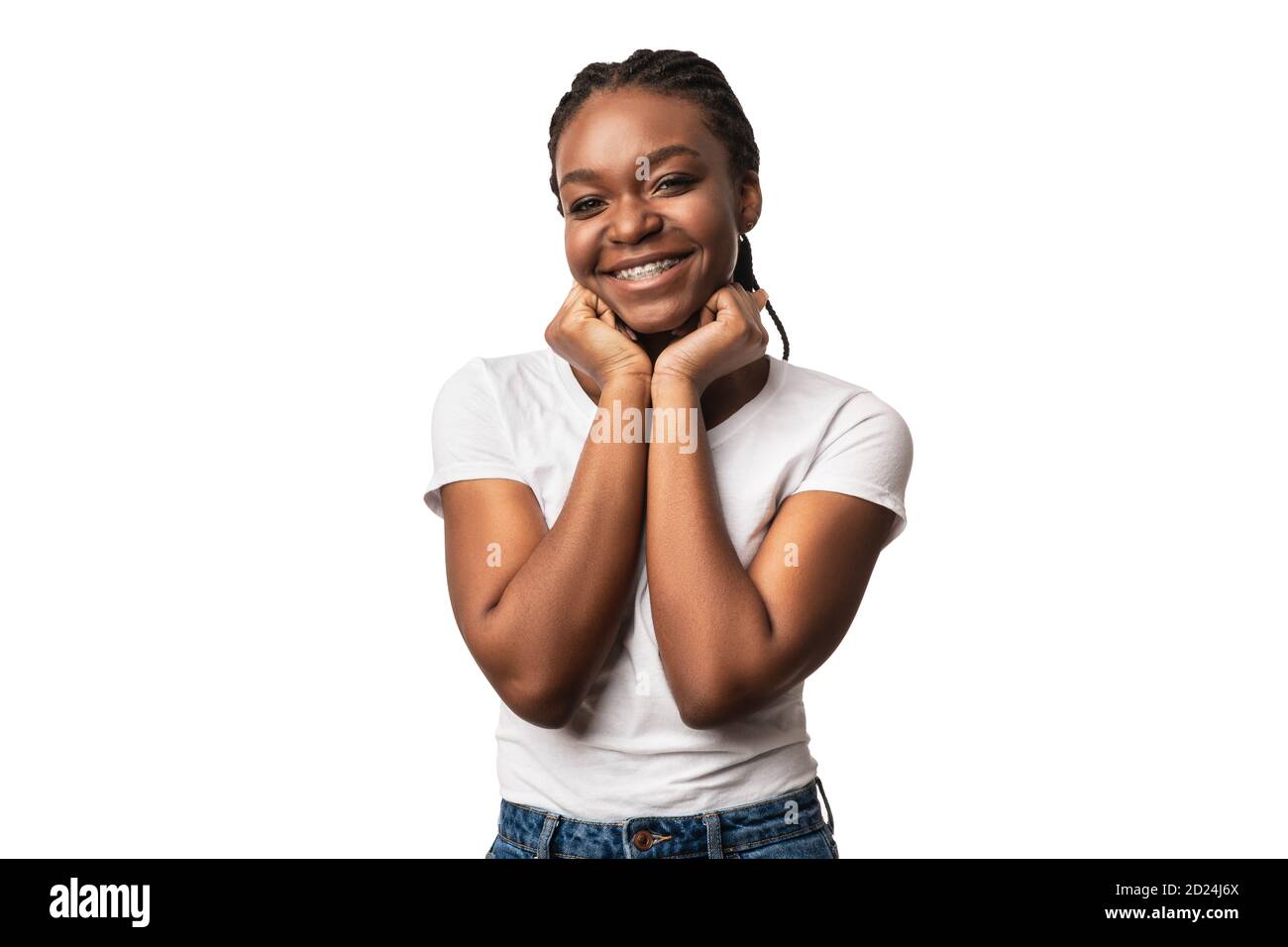 Smiling African American Woman With Brackets Posing Over White Background Stock Photo