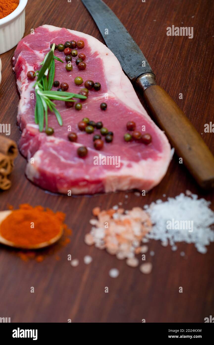 raw uncooked ribeye beef steak butcher selection Stock Photo Alamy