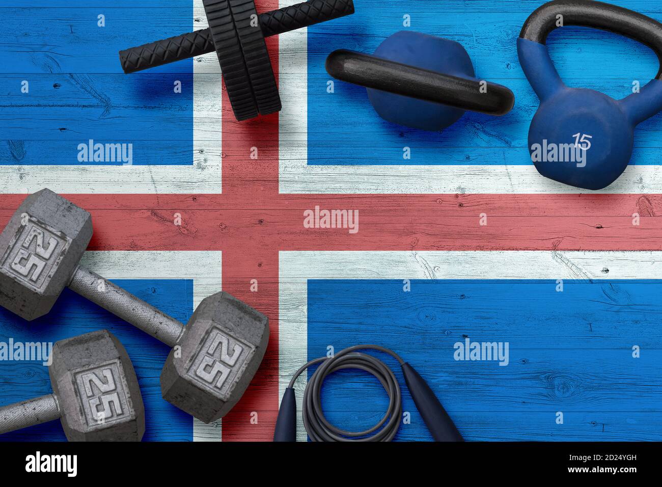 Iceland sports club concept. Top view of heavy weight plates with iron