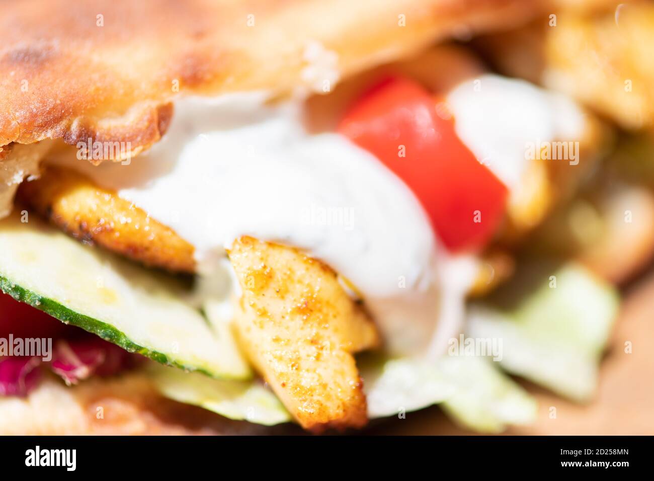 Closeup of healthy grilled chicken sandwich with homemade baguette. Stock Photo