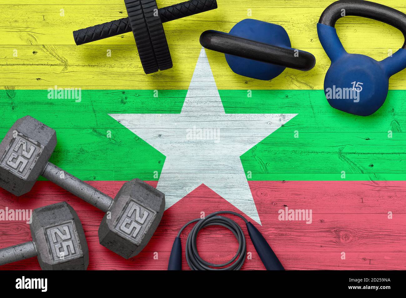 Myanmar sports club concept. Top view of heavy weight plates with iron