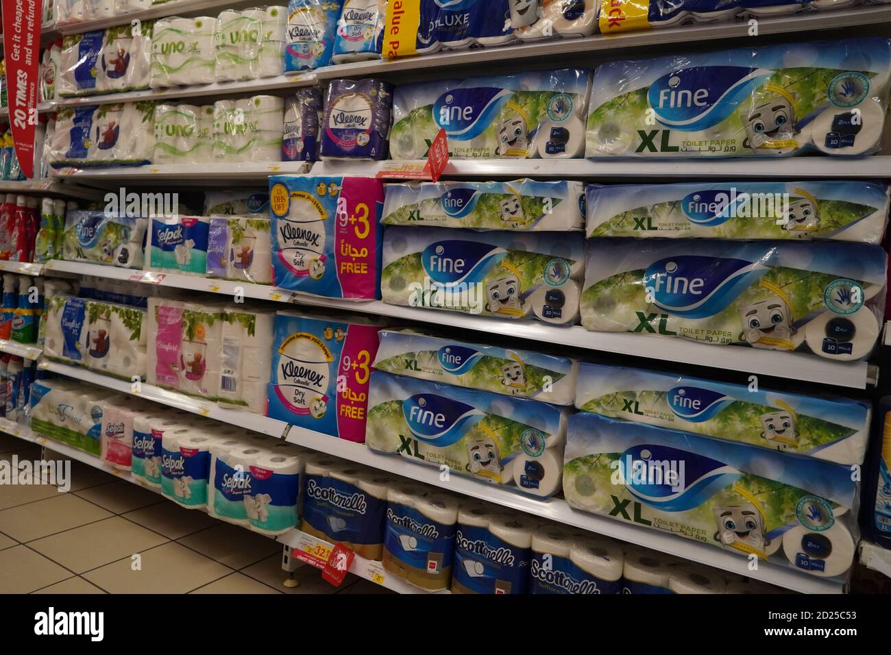 Bathroom toilet paper tissue packages stacked up. Various types of ...