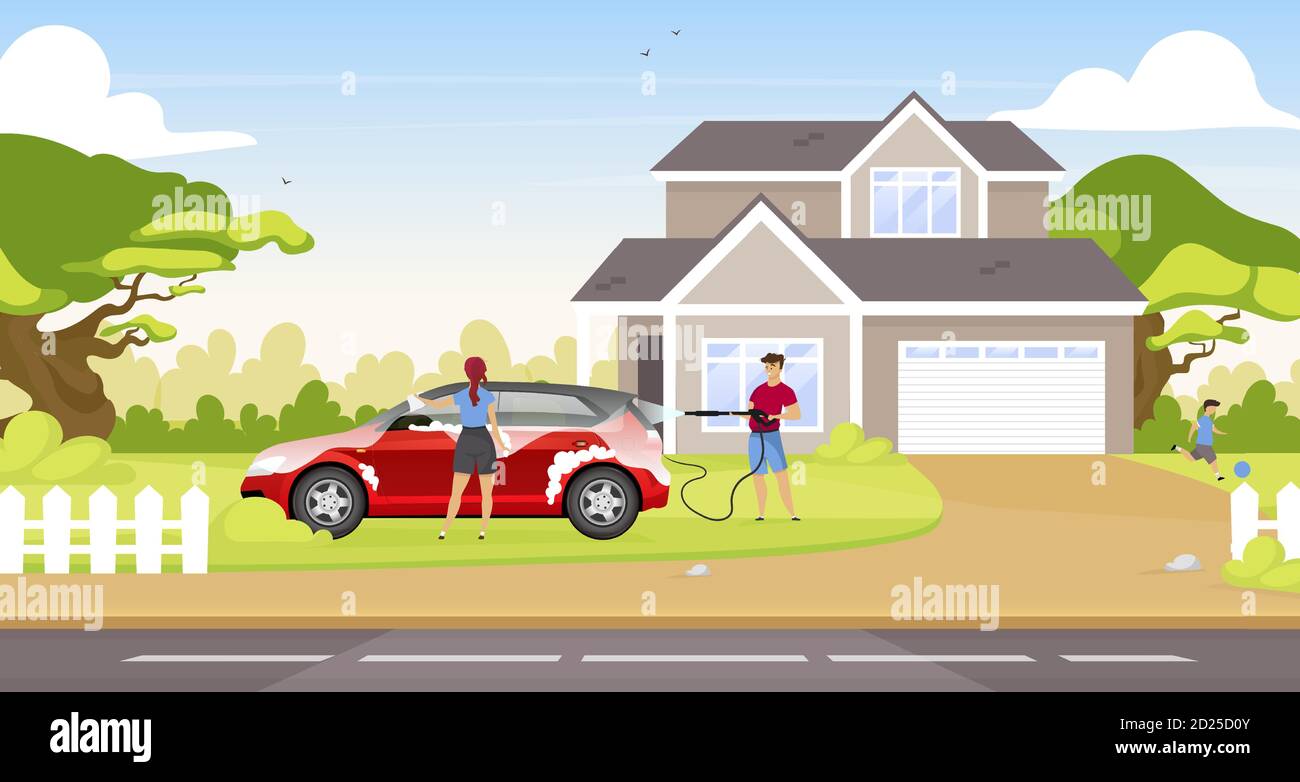 Couple washing hatchback flat color vector illustration. Happy couple and  child 2D cartoon characters with country house on background. People Stock  Vector Image & Art - Alamy