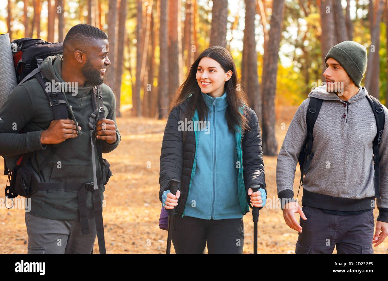 Multiracial group of hikers having fun while backpacking at forest Stock Photo