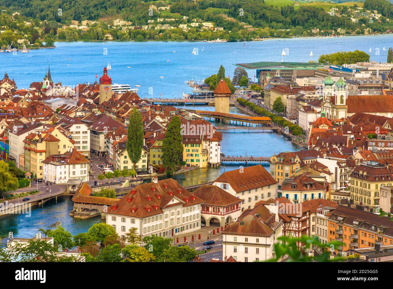 Aerial view of details of Lucerne cityscape skyline and Lake Lucerne, Canton of Lucerne, Switzerland. Amazing panorama at sunset. Stock Photo