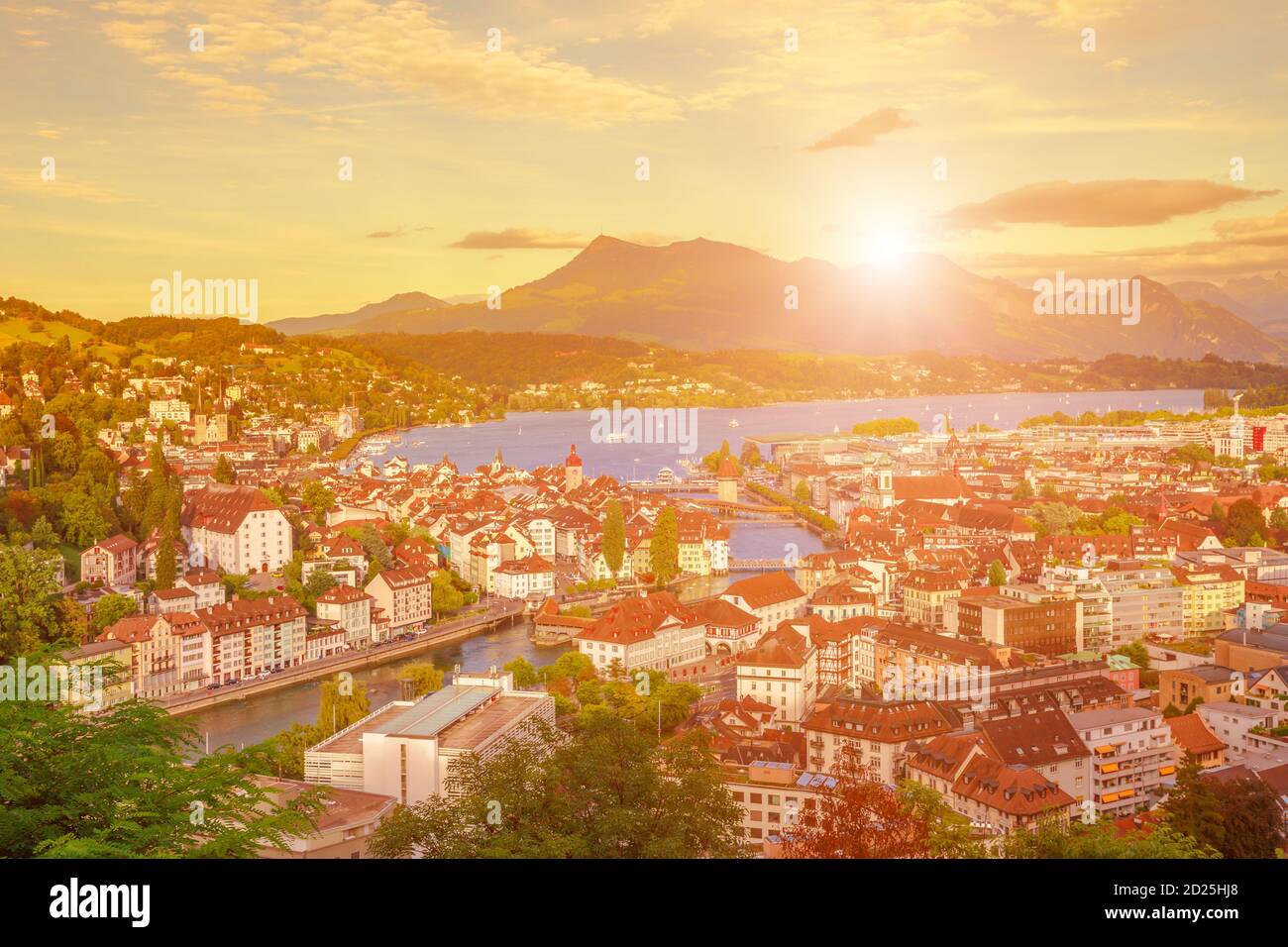 Aerial view of Lucerne cityscape skyline and Lake Lucerne with Mount Rigi and its peak Rigi-Kulm in the background, Canton of Lucerne, Switzerland Stock Photo