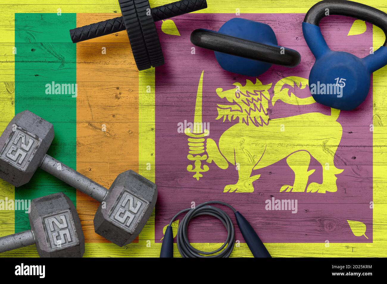 Sri Lanka sports club concept. Top view of heavy weight plates with