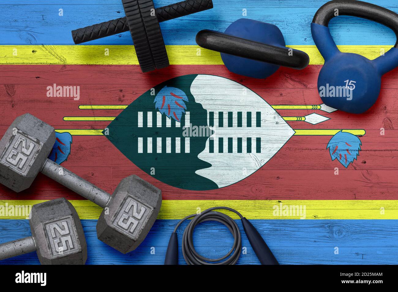 Swaziland sports club concept. Top view of heavy weight plates with