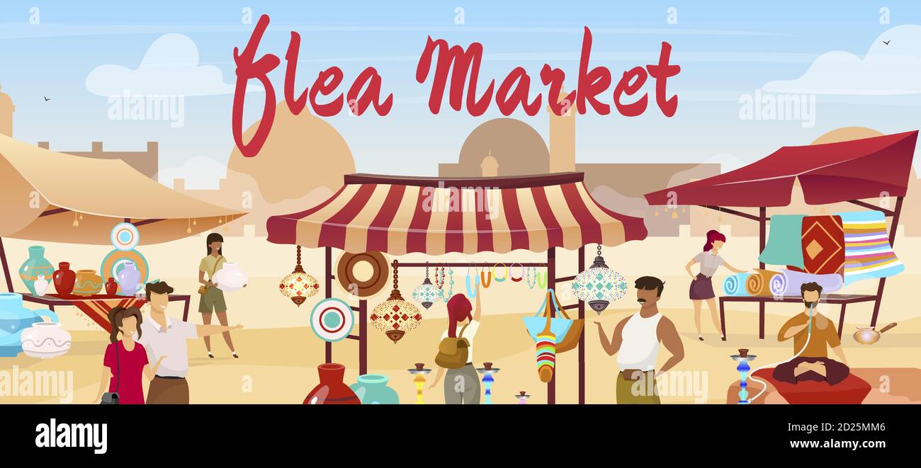 Flea market flat vector illustration. Arabic marketplace, Egypt, Istanbul  traditional bazaar. Vendors selling souvenirs, carpets faceless cartoon  Stock Vector Image & Art - Alamy