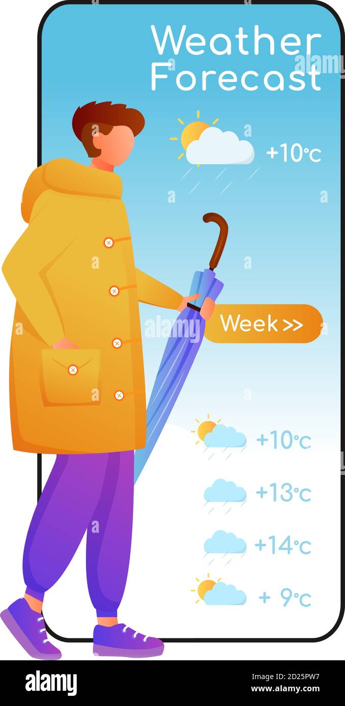Weather forecast cartoon smartphone vector app screen. Mobile phone display  with flat character design mockup. Male with umbrella. Man in raincoat  Stock Vector Image & Art - Alamy