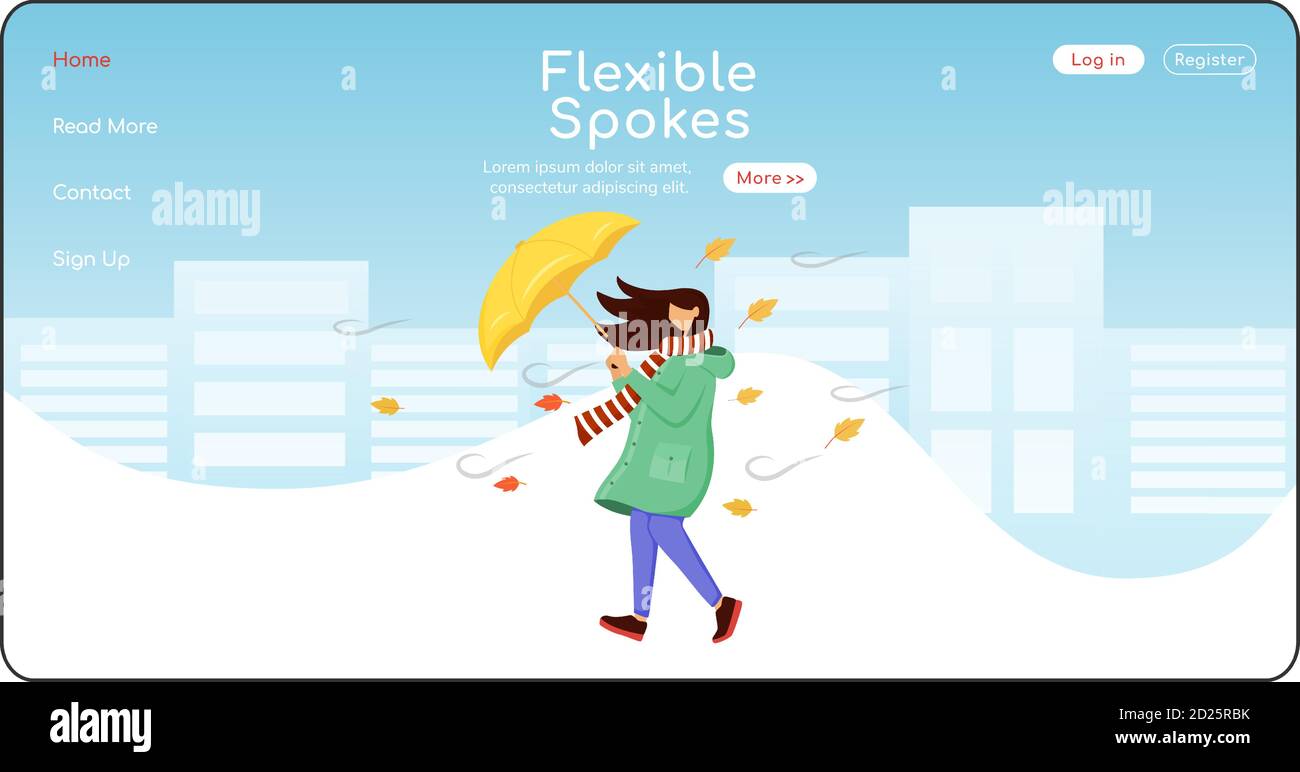 Flexible spokes landing page flat color vector template. Woman in raincoat homepage layout. Windy weather one page website interface with cartoon Stock Vector