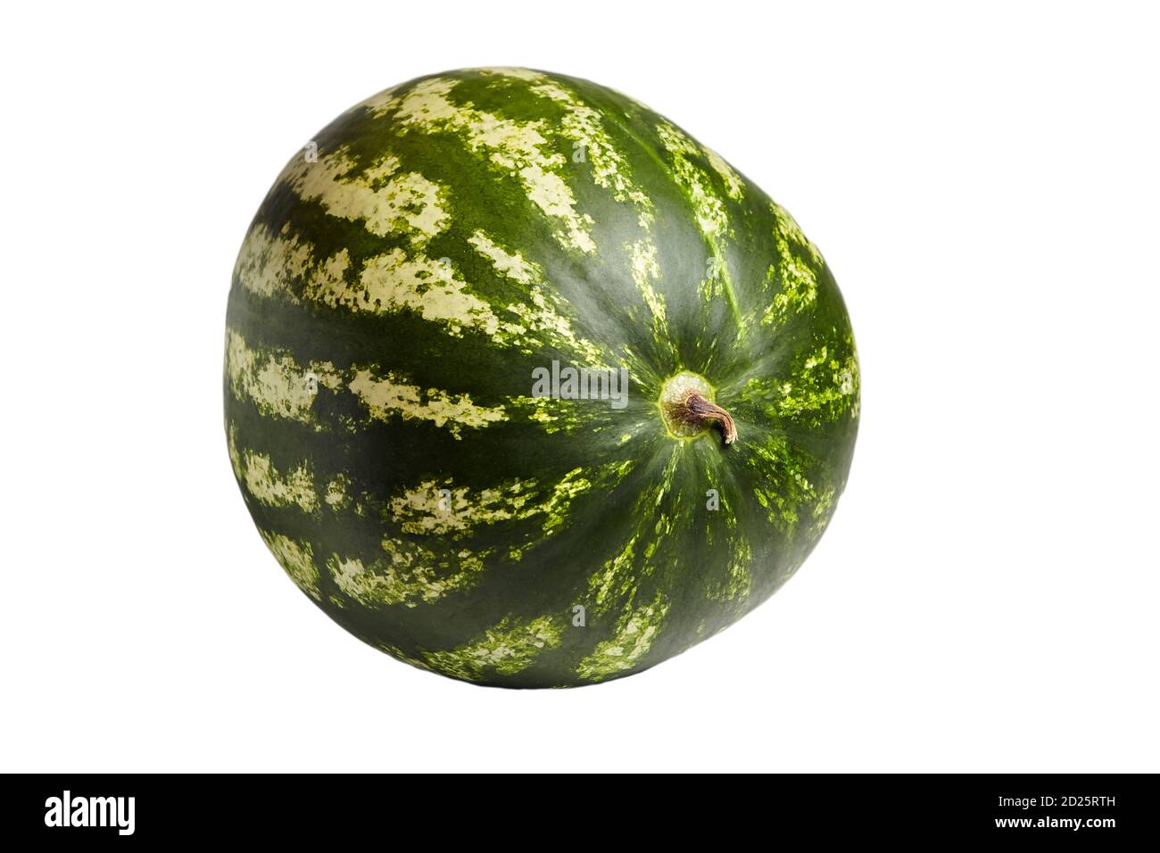 Whole watermelon berry with green striped peel isolated on white background. Gourd culture has a strong diuretic property Stock Photo