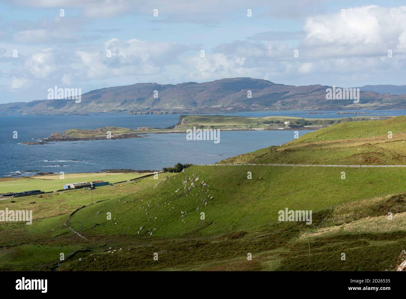 The Isle of Mull the view looking accross to Inch Kenneth and mountain range beyond Stock Photo