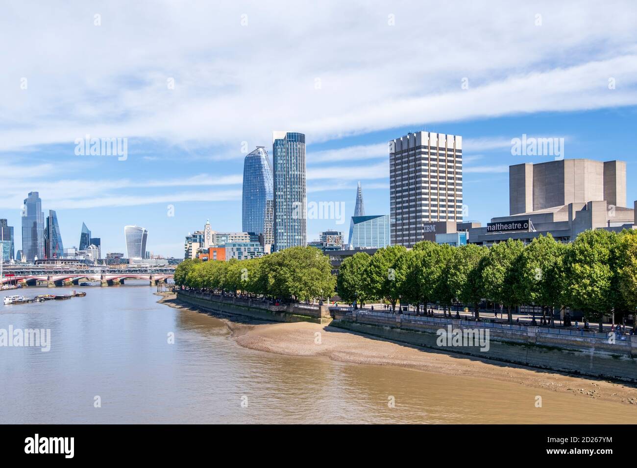 Central London in summer, no people, City of London financial district, South bank Centre, National Theatre, blue sky, sunny Stock Photo