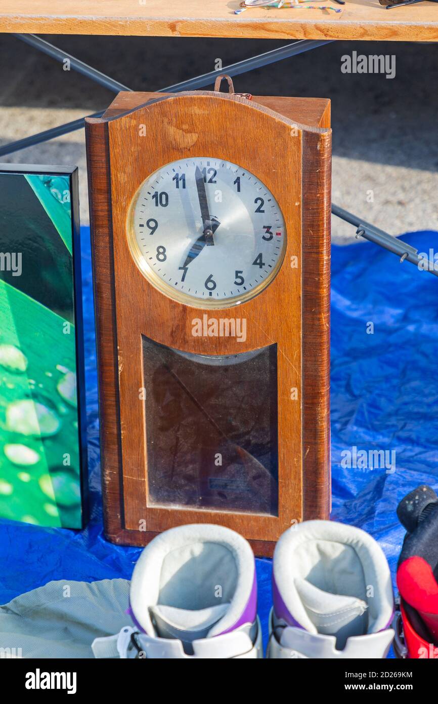 Wooden Wall Clock for Sale at Flea Market Stock Photo Alamy