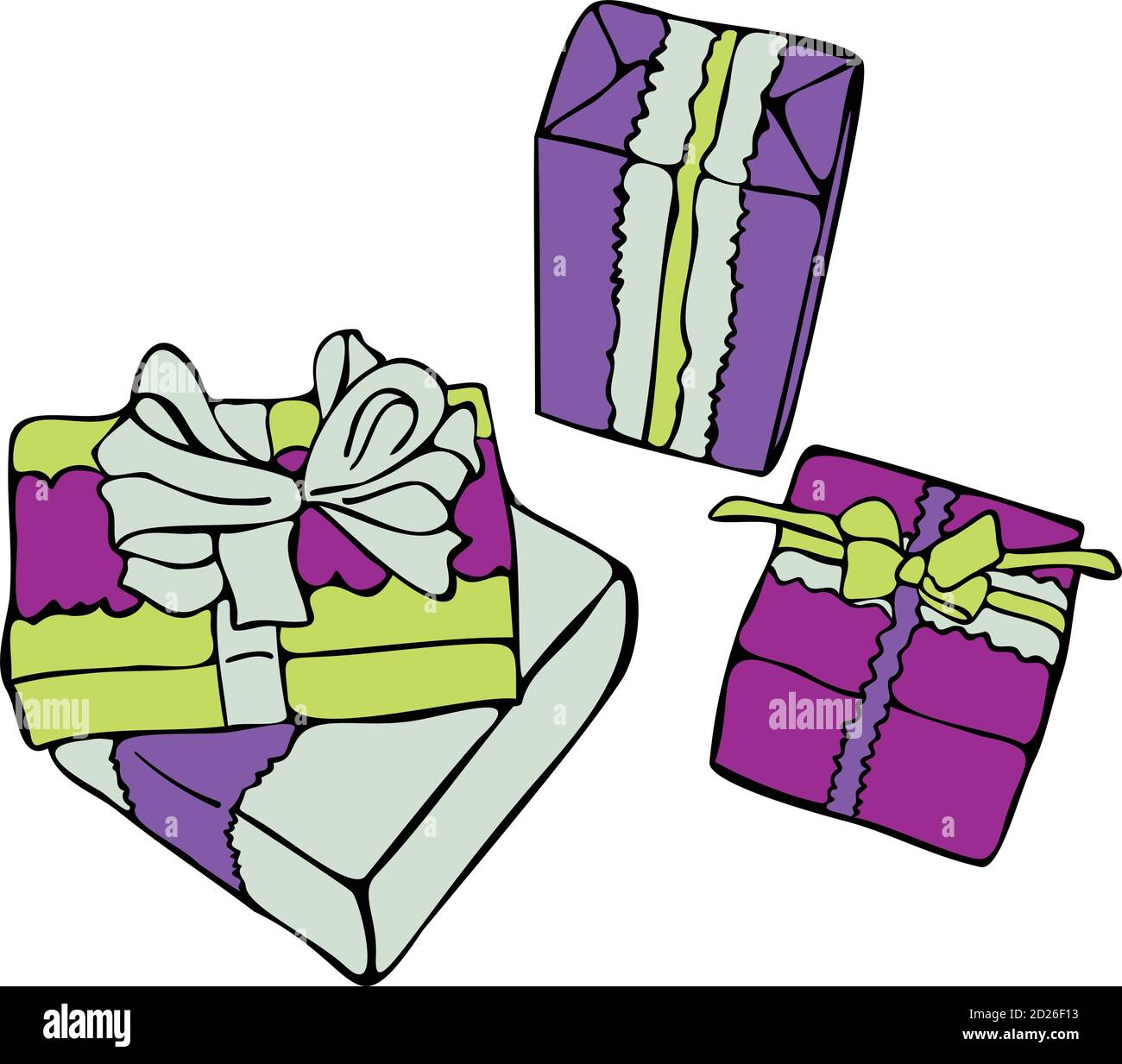 Vector still life with colorful gift boxes isolated on white background. Gitfs concept for New Year. Stock Vector