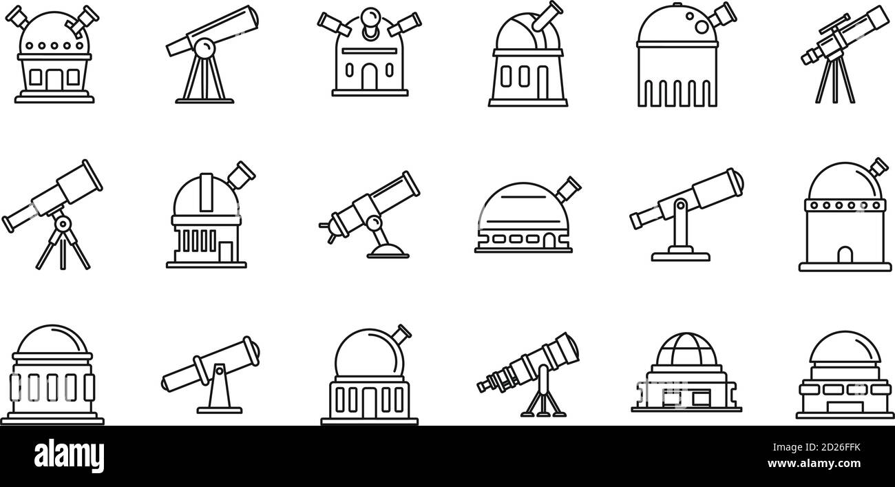 Planetarium astronomy icons set. Outline set of planetarium astronomy vector icons for web design isolated on white background Stock Vector