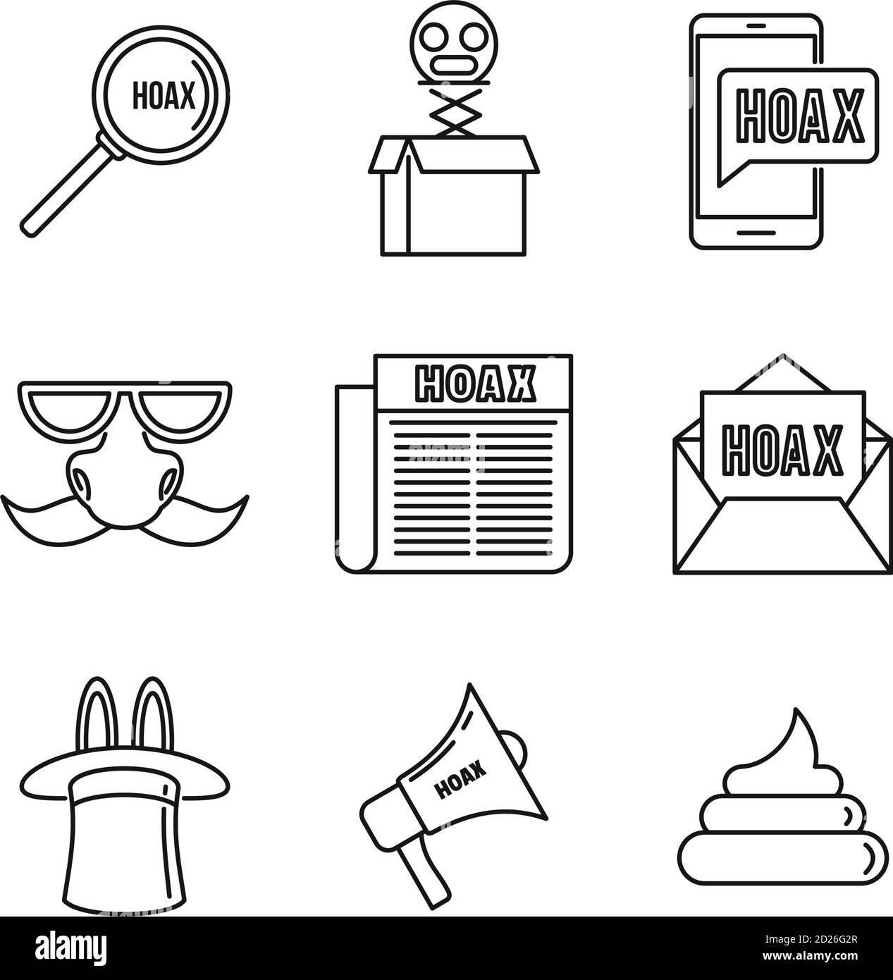 Hoax fake icons set. Outline set of hoax fake vector icons for web ...