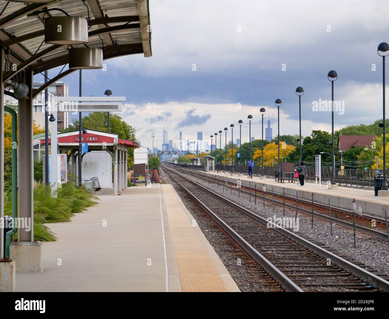 View of downtown Chicago from Metra commuter rail station, Oak Park, Illinois. Stock Photo