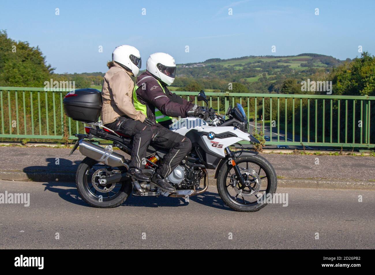 BMW F750 GS Motorbike rider; two wheeled transport, motorcycles, vehicle, roads, motorbikes, bike riders motoring in Chorley, UK Stock Photo