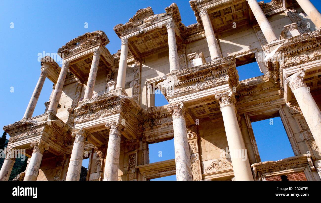 Ephesus Celsus Library ruins against blue sky Stock Photo