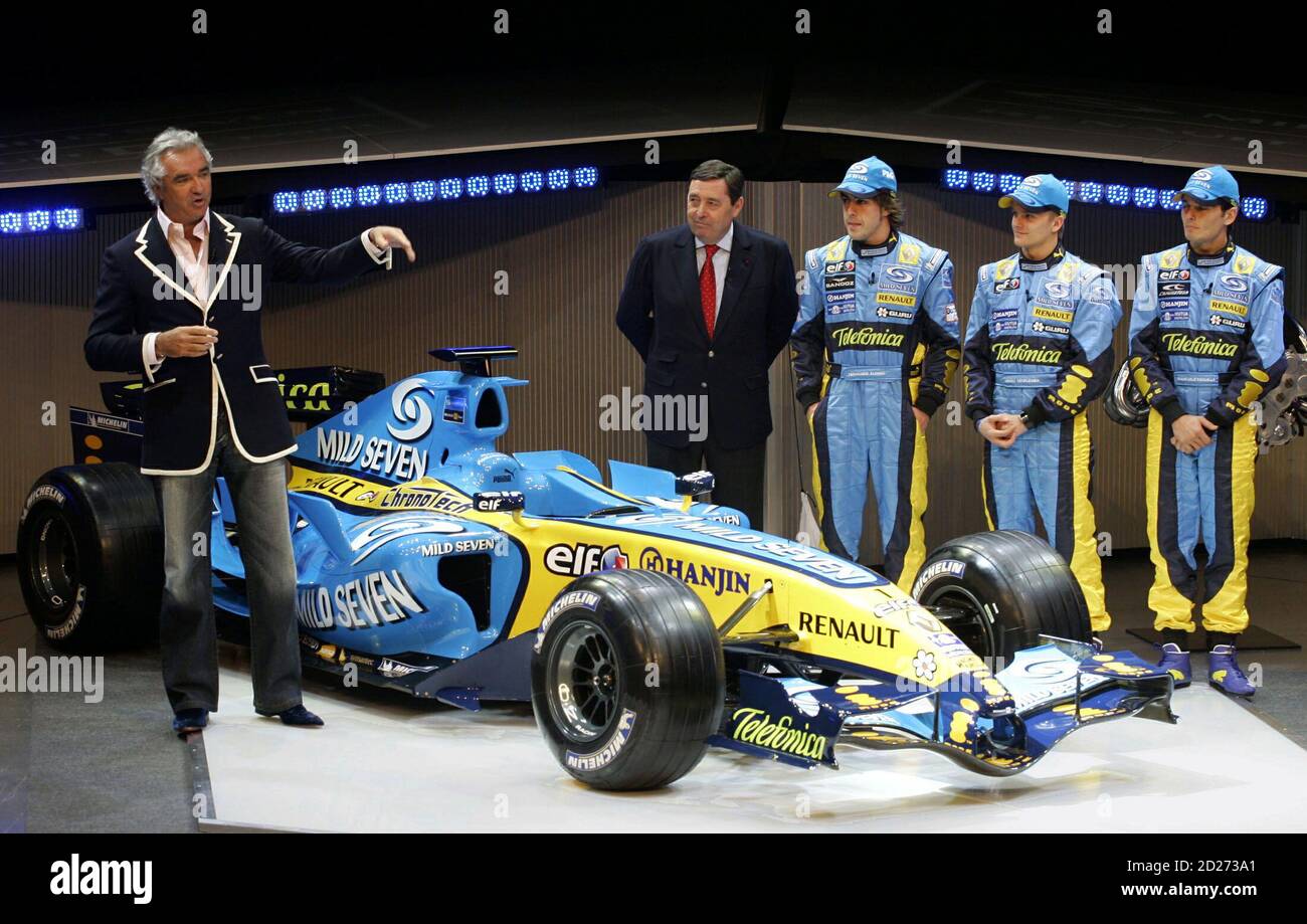 Renault Team manager Flavio Briatore (L) of Italy and Renault F1 general  manager Patrick Faure (2nd L) of France pose with drivers Fernando Alonso  of Spain (C), Heikki Kovalainen (2nd R) of